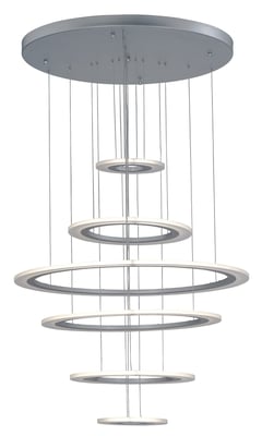 ET2 Saturn II Multi Tier Pendant in Matte Silver finish, featuring a sleek, modern design with multiple circular aluminum tiers suspended elegantly.