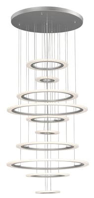 ET2 Saturn II Multi Tier Pendant in Matte Silver finish, featuring an elegant Aluminum design with multiple circular tiers for modern lighting.