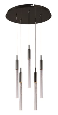 ET2 Scepter Multi Pendant in Black Chrome finish, featuring sleek steel rods with elegant glass accents, suspended in a modern, geometric design.