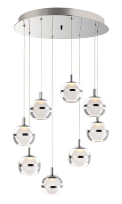 ET2 Swank Multi-Light Pendant in Polished Chrome finish, featuring multiple sleek, adjustable aluminum lights hanging elegantly from a central fixture.