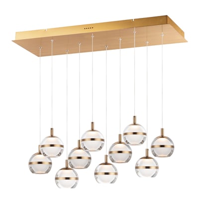 ET2 Swank Linear Multi-Light Pendant in Natural Aged Brass finish, featuring sleek Aluminum construction with multiple hanging lights for modern elegance.