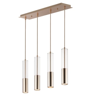 ET2 Torch Linear Pendant in Satin Brass finish, crafted from Steel, elegantly hangs with a sleek, modern design, illuminating the space with a warm glow.