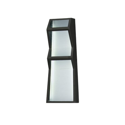 ET2 Totem Outdoor Wall Sconce in black aluminum finish, mounted on a modern exterior wall, emitting warm light, highlighting its sleek design.