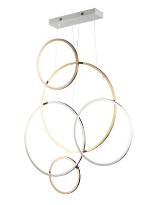 ET2 Union Multi Ring Pendant, a modern light fixture made of multi-plated steel, featuring interlocking rings and a sleek, contemporary design.