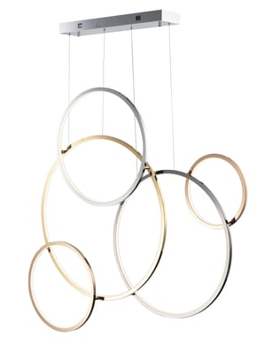 ET2 Union Multi Ring Pendant in a modern design, featuring overlapping steel rings with a multi-plated finish, suspended elegantly from the ceiling.