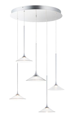 ET2 Cono LED 5-Light Pendant features a sleek, modern design with a polished finish, showcasing five cone-shaped lights suspended in a linear arrangement.