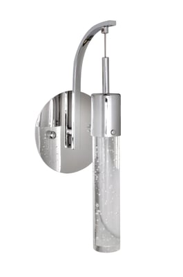ET2 Fizz IV 1-Light LED Wall Sconce with a sleek modern design, featuring a clear bubble glass shade and polished chrome finish, mounted on a wall.