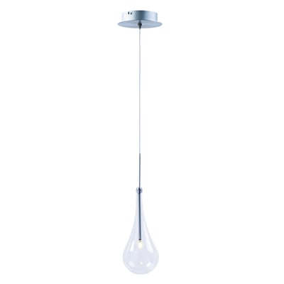 ET2 Larmes 1-Light LED Pendant, featuring a sleek, modern design with a polished chrome finish and a clear glass teardrop-shaped shade.