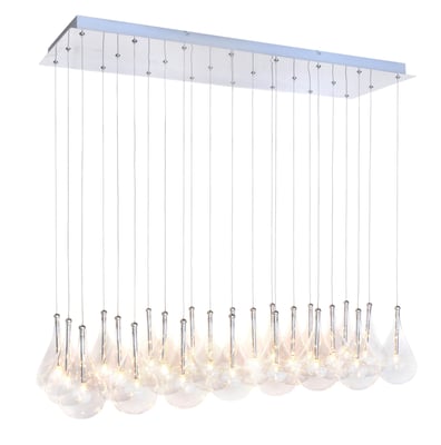 ET2 Larmes 24-Light Pendant with polished chrome finish and clear glass teardrop-shaped bulbs hanging at varying heights for a modern, elegant look.