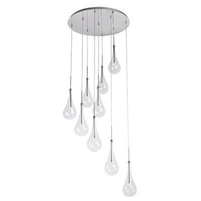 ET2 Larmes 9-Light LED Pendant with sleek, modern design featuring clear glass teardrop shades suspended from a polished chrome finish.