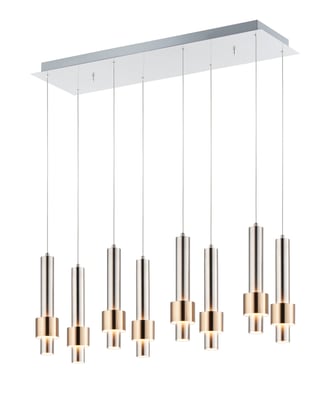 ET2 Reveal 8-Light LED Pendant in Black finish, featuring a modern, sleek design with circular LED lights suspended in a linear arrangement.