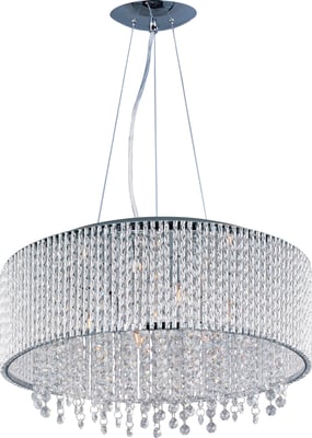 ET2 Spiral 10-Light Pendant with a sleek chrome finish, featuring a modern spiral design with cascading crystal accents, illuminating elegantly.