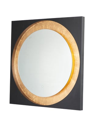 ET2 Floating LED Mirror with a sleek Steel frame and Gold Leaf with Black finish, featuring an illuminated border for a modern and elegant look.