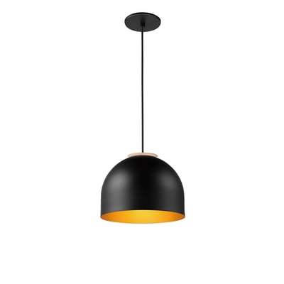 ET2 Foster Dome Pendant in Black with Gold finish, made of Aluminum, hanging elegantly from the ceiling, illuminating the space below.