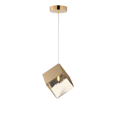 ET2 Ice Cube Pendant featuring a sleek stainless steel frame with a glass cube design, finished in elegant French Gold.