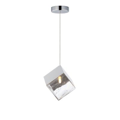 ET2 Ice Cube Pendant light fixture with a polished chrome finish, featuring a stainless steel frame and glass cube design hanging elegantly.
