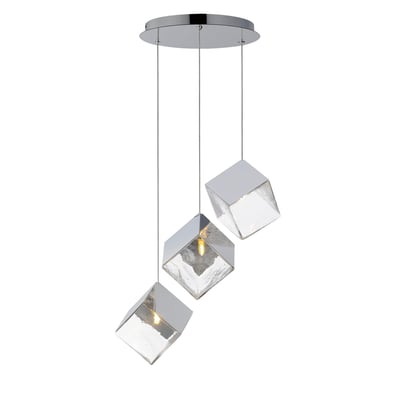 ET2 Ice Cube Pendant light fixture in polished chrome finish with stainless steel and glass elements, featuring a cube-shaped design.