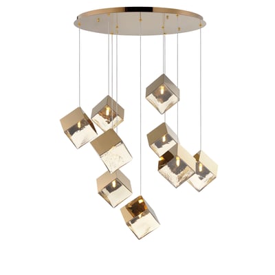 ET2 Ice Cube Pendant featuring a sleek Stainless Steel design with a French Gold finish, showcasing a modern glass cube for elegant lighting.