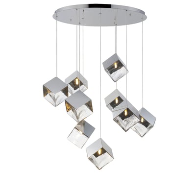 ET2 Ice Cube Pendant in Polished Chrome finish, featuring a sleek Stainless Steel frame and clear Glass cube design, elegantly suspended.