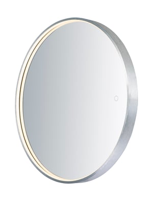 ET2 Round LED Mirror with a sleek brushed aluminum finish, featuring a modern circular design and integrated LED lighting for a stylish touch.