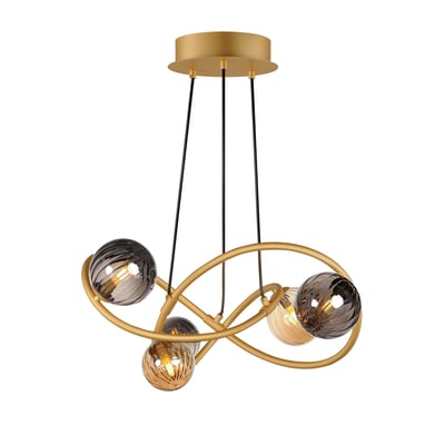 ET2 Planetary Chandelier with a sleek steel frame and gold finish, featuring multiple spherical lights resembling planets in orbit.