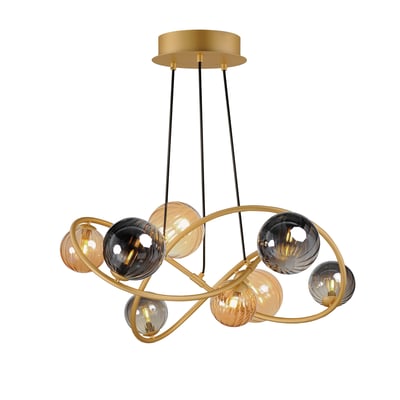 ET2 Planetary Chandelier in Gold finish with multiple spherical lights suspended at varying heights, creating a modern, celestial design.