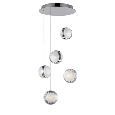 ET2 Pulse Acrylic Multi Light Pendant featuring a sleek design with polished chrome finish and aluminum accents, hanging elegantly from the ceiling.