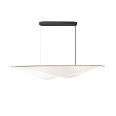 ET2 Manta Linear Pendant featuring a sleek design with a black aluminum frame, steel accents, and acrylic diffusers, elegantly suspended for modern lighting.
