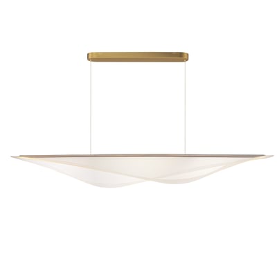 ET2 Manta Linear Pendant in Gold finish, featuring a sleek, curved design with Aluminum, Steel, and Acrylic elements, elegantly suspended for modern lighting.