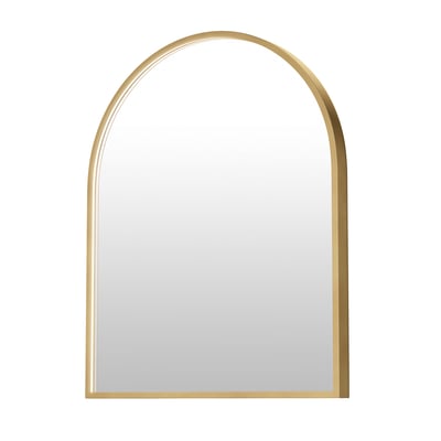 ET2 Elisse Arch LED Mirror with gold finish, featuring a sleek aluminum frame, glass surface, and integrated LED lighting for modern elegance.