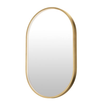 ET2 Elisse Oval LED Mirror with a sleek aluminum frame, featuring a gold finish. The mirror emits a soft, even glow for a modern touch.