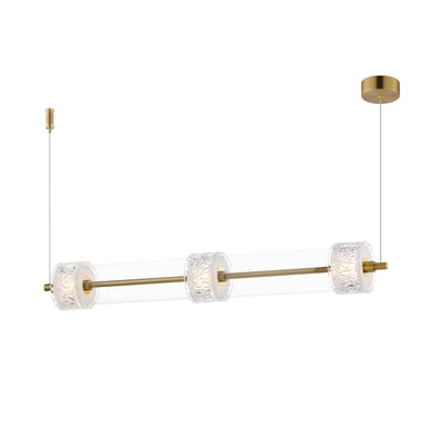 ET2 Elysian Linear Pendant in Natural Aged Brass finish, featuring a sleek design with Steel, Aluminum, and Glass elements, elegantly suspended.