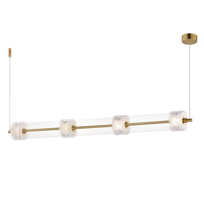 ET2 Elysian Linear Pendant in Natural Aged Brass finish, featuring a sleek design with Steel, Aluminum, and Glass elements, elegantly suspended.