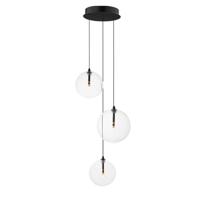 ET2 Global Multi-Light Pendant featuring a sleek design with black steel and glass elements, elegantly suspended in a modern arrangement.