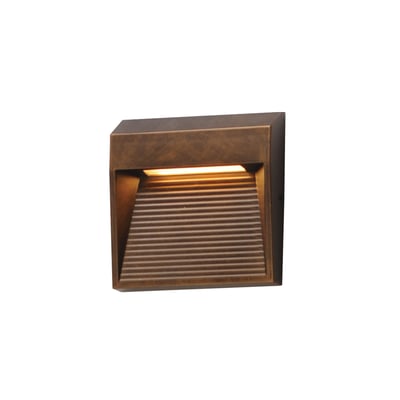 ET2 Steppes Square Outdoor Wall Sconce in Antique Bronze finish, crafted from Aluminum, mounted on a brick wall, casting warm light.