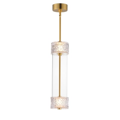 ET2 Elysian Pendant featuring a Natural Aged Brass finish with a sleek design, crafted from Steel, Aluminum, and Glass, hanging elegantly.