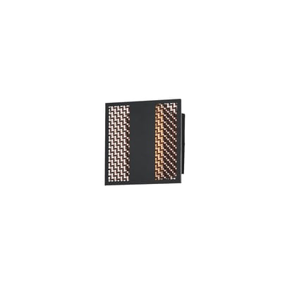ET2 Interlace Square Outdoor Wall Sconce in Black with Aged Copper finish, crafted from Aluminum, mounted on a brick wall, illuminating a garden path.
