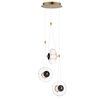 ET2 Amulet Multi Light Pendant in Black with Natural Aged Brass, featuring glass, aluminum, and steel materials.