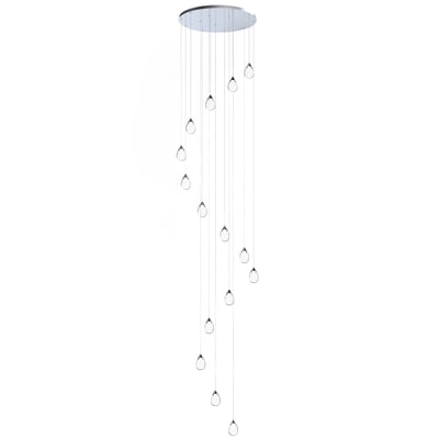 ET2 Dewdrop Multi Light Pendant featuring a cluster of glass droplets suspended from a polished chrome base, creating an elegant, modern lighting fixture.