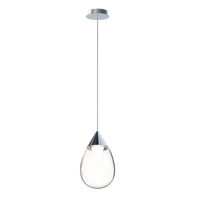 ET2 Dewdrop Pendant light fixture in polished chrome finish, featuring a steel frame with a clear glass shade, elegantly suspended for a modern look.