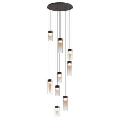 ET2 Highball Multi Light Pendant featuring a cluster of sleek, cylindrical lights in gunmetal finish with steel, polycarbonate, and glass elements.