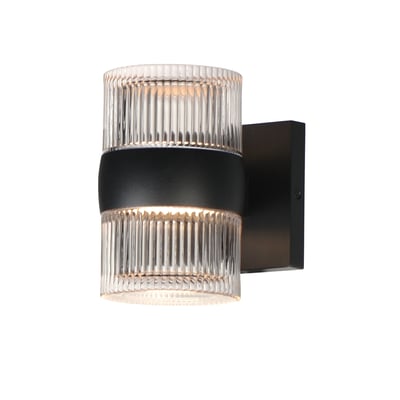 ET2 Modular Ribbed Can Outdoor Wall Sconce in Black finish, featuring an Aluminum and Glass design, mounted on an exterior wall.