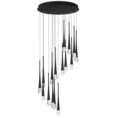 ET2 Pierce Cascade Multi-Light Pendant featuring a sleek Black finish with Steel and Crystal elements, elegantly suspended in a modern design.