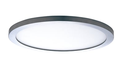 Maxim Lighting Chip Outdoor Round Flush Mount in Satin Nickel, featuring durable polycarbonate and aluminum materials.