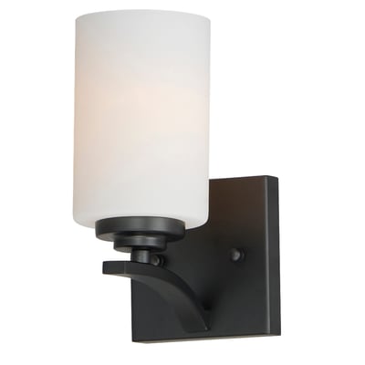 Maxim Lighting Deven Wall Sconce featuring a sleek Black finish with a Steel frame and Glass shade, elegantly mounted on a wall.