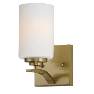 Maxim Lighting Deven Wall Sconce in Satin Brass finish, featuring a sleek steel frame with a clear glass shade, mounted on a wall.