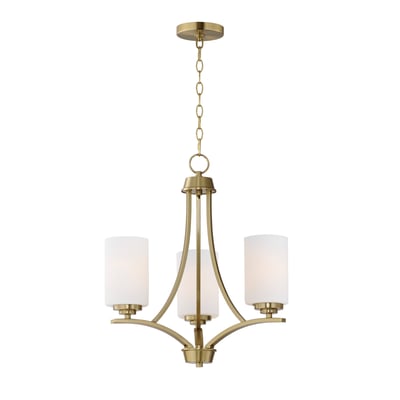 Maxim Lighting Deven Chandelier in Satin Brass finish, featuring a sleek design with steel frame and glass accents, elegantly hanging in a modern room.