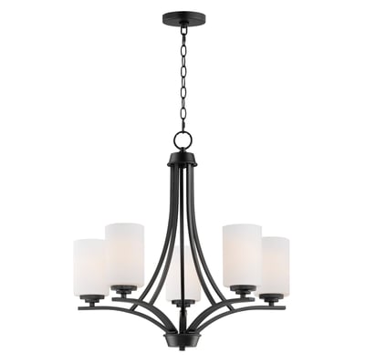 Maxim Lighting Deven Chandelier in black finish with steel frame and glass shades, featuring a modern design with multiple hanging lights.
