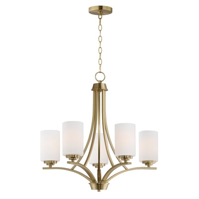 Maxim Lighting Deven Chandelier in Satin Brass finish, featuring a steel frame with elegant glass accents, hanging in a modern interior setting.