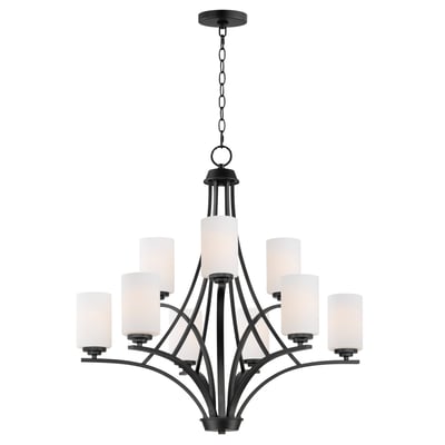 Maxim Lighting Deven Chandelier featuring a sleek black steel frame with elegant glass accents, suspended gracefully in a modern interior setting.